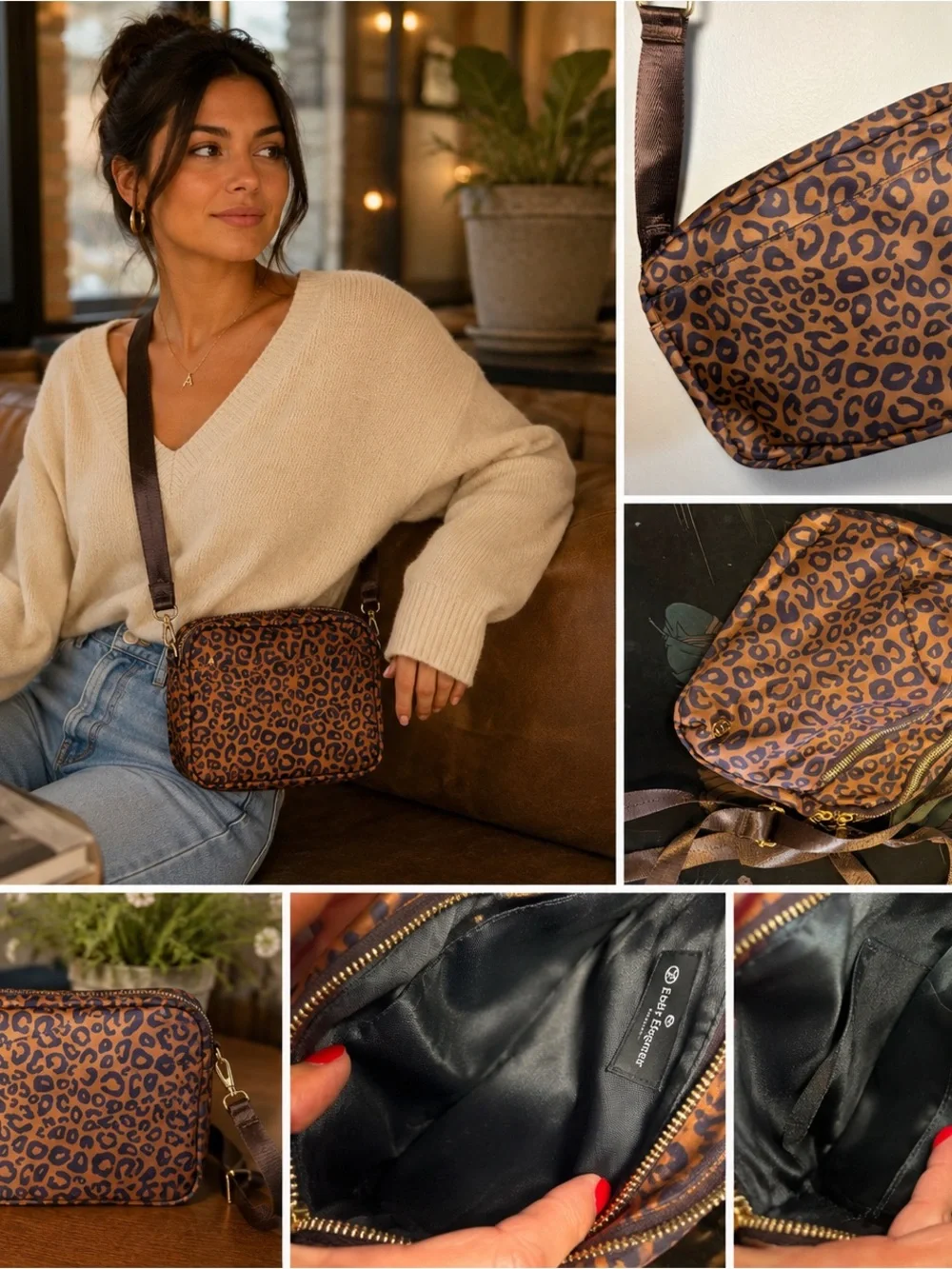 Leopard Print Crossbody Bag with Adjustable Strap - Brown
